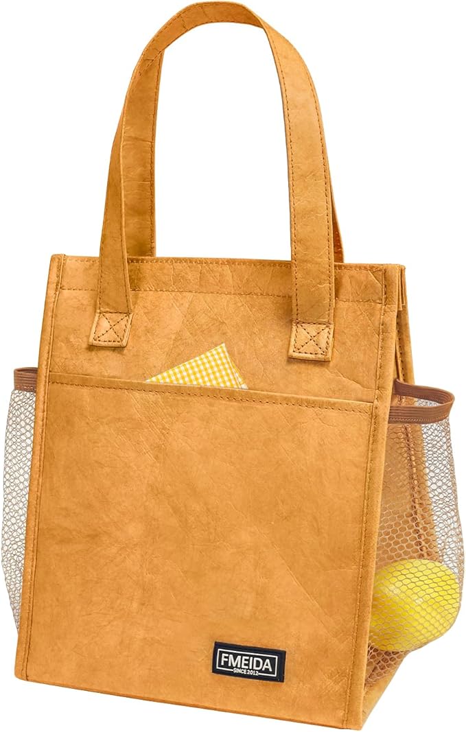 Fmeida Insulated Lunch Bag Women - Reusable Paper Lunch Bag Adult - Small Lunch Tote Bag Aesthetic - Portable with Front, Side, Interior Pockets - Great for Office College Beach Picnic Hiking