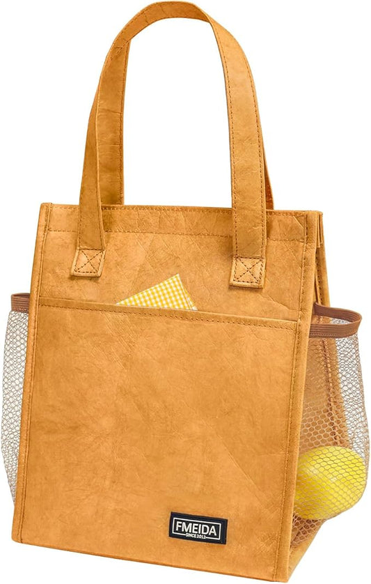 Fmeida Insulated Lunch Bag Women - Reusable Paper Lunch Bag Adult - Small Lunch Tote Bag Aesthetic - Portable with Front, Side, Interior Pockets - Great for Office College Beach Picnic Hiking