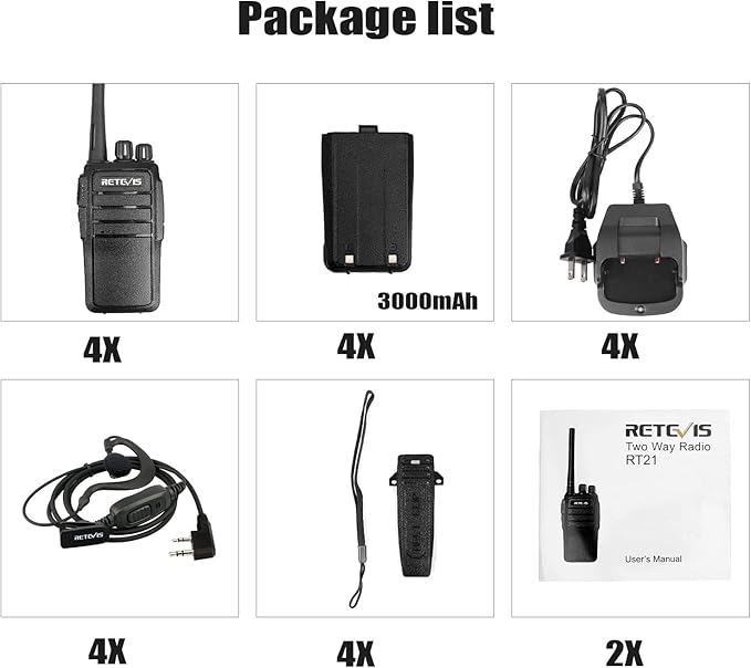 Retevis RT21 Updated 3000mAh Two Way Radios Long Range,Walkie Talkies with Earpiece,SOS Alarm,16CH,Portable 2 Way Radios for Security Cruise Camping Events(4 Pack)