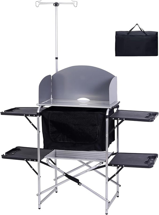Nice C Camping Kitchen Station, Camping Table, Picnic Table, Grill Table, Folding Table, Upgrade Light Stand and Windshield Cooking Station & Organizers, Carry Bag for Beach, Picnic (Silver/Black)