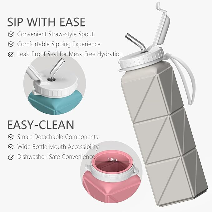 Collapsible Water Bottles 20.6oz, Silicone Foldable Portable Travel Water Bottle, Folding Lightweight Reusable Leakproof for Traveling Camping Hiking Cycling Yoga Sports Outdoor