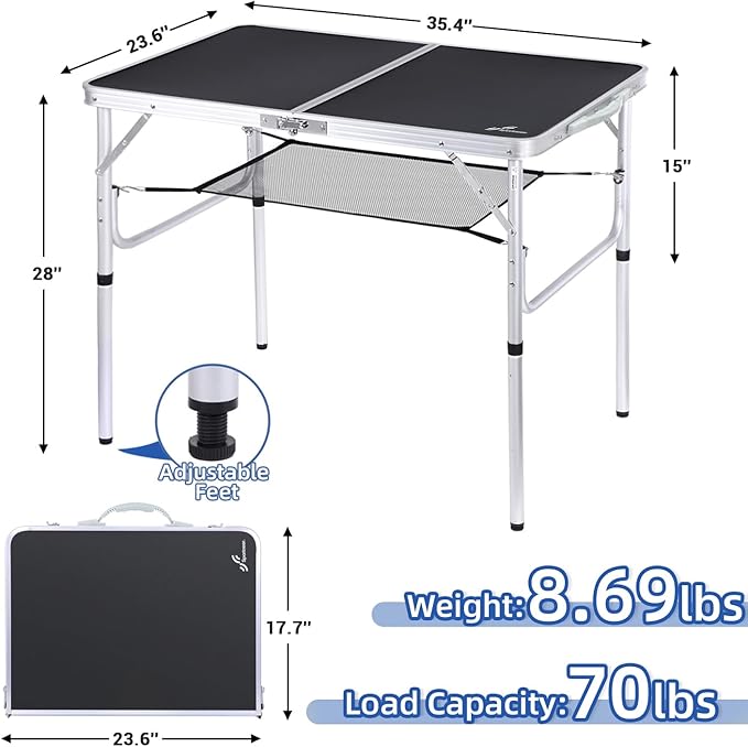 Sportneer Folding Table: Adjustable Height Camping Essentials 35.4" L x 23.6" W 2 Height with Mesh Layer - Compact & Portable Small Folding Table for Outdoor Camp Garden Picnic BBQ Dining Cooking