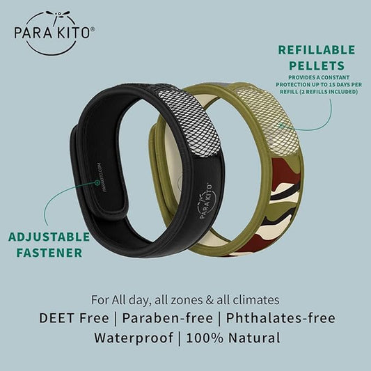 PARA'KITO Mosquito Repellent Bracelets + Refill Pellets Bundle, Mosquito Bracelets, Peppermint Oil, DEET Free Mosquito Repeller, Hiking and Camping Accessories, 2 Wristbands & 2 Refills (Black+Jungle)