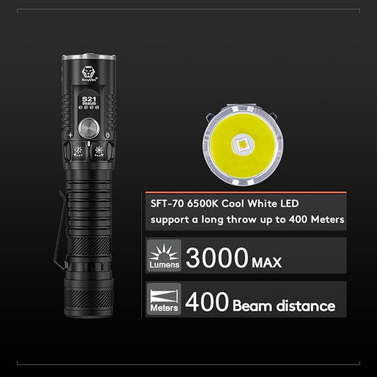 RovyVon S21 Rechargeable EDC Flashlight, Super Bright 3000 Lumens Search Flashlight, High Lumens Handheld Flashlight with Mechanical Twist Switch for Camping, Hiking, Outdoors（Black）
