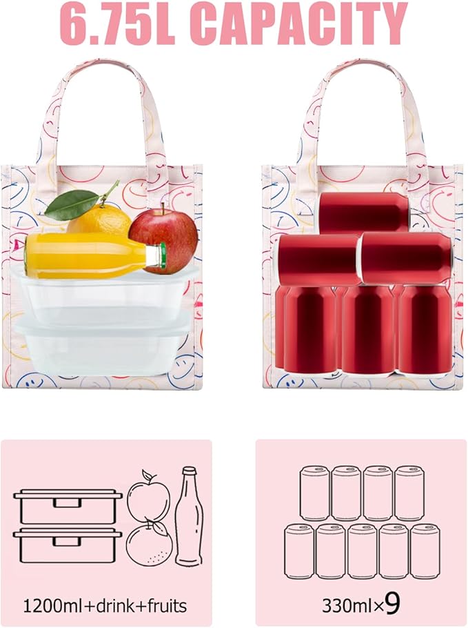 Fmeida Insulated Lunch Bag Women, 6.75L Small Lunch Tote Bags, Waterproof Thermal Cooler Lunch Bag, Reusable Lunch Box with Front Side Interior Pockets, Smile Face