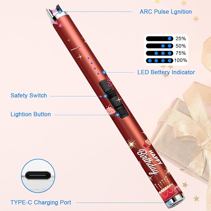 MeeToo Candle Lighter Electric Lighter Rechargeable USB Type-C Lighters for Candle BBQ Camping Fireworks (Birthday Red)