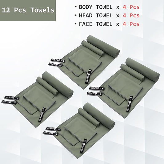 Eunzel 4 Set Quick Dry Camping Towel, Microfiber Travel Towel Super Absorbent Fast Drying Towel for Camping, Beach, Gym, Backpacking & Swimming(Four 3-Piece Towel Sets, Army Green)