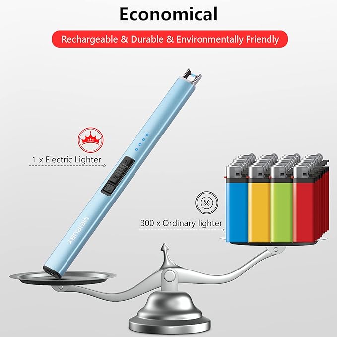 MEIRUBY Lighter Electric Candle Lighter Long Electronic Rechargeable USB Lighter Arc Windproof Flameless Lighters for Candle Camping BBQ Birthday Women's Day Gifts for Women Mom Wife Men, Light Blue