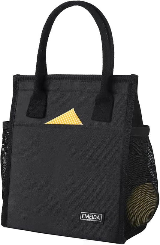 Fmeida Insulated Lunch Bag - Thermal Black with Side & Interior Pockets, Reusable Adult Lunch Tote for Women, Men, Office, Work, College, Beach, Travel