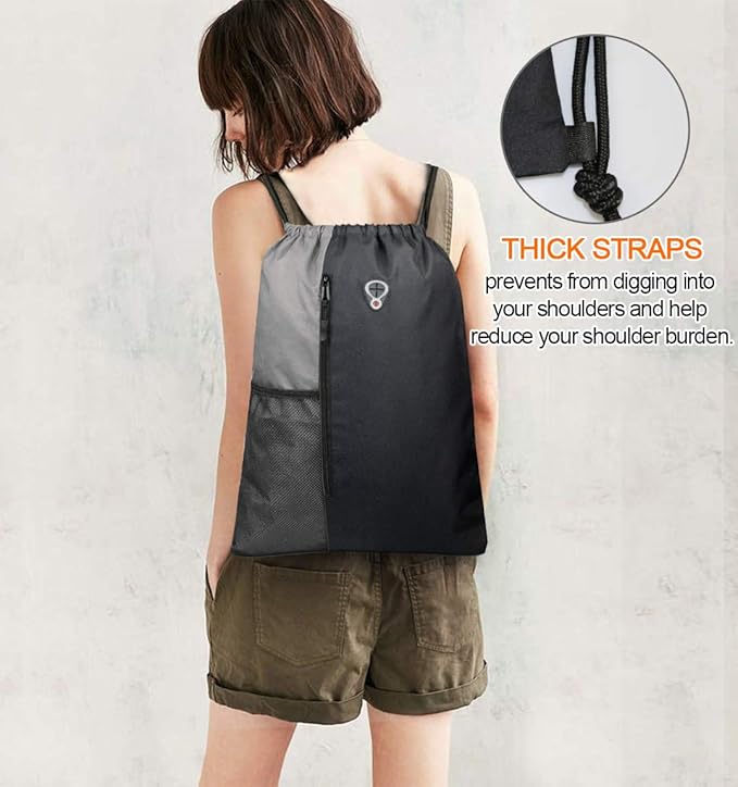 Drawstring Backpack Sports Gym Bag for Women Men Large Size With Two Zipper Pockets and Water Bottle Mesh Pockets