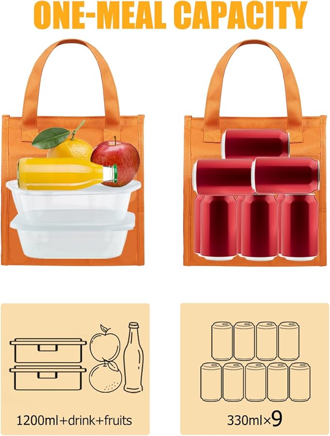 Fmeida Insulated Lunch Bag, Simple Lunch Tote Bags, Waterproof Thermal Cooler Lunch Kit, Reusable Adult Lunch Box Bag for Women | Small Orange, Front&Side&Interior Pockets