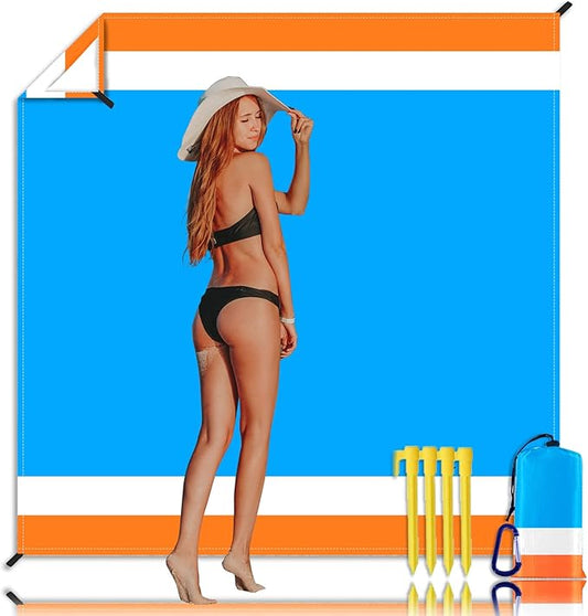 Beach Blanket, Waterproof Sandproof Beach Mat Oversized 79 X 83 Inch for 4-6 Adults, Lightweight Picnic Blanket, Portable Picnic Mat for Outdoor Travel Camping Hiking with 4 Stakes & 4 Corner Pocket