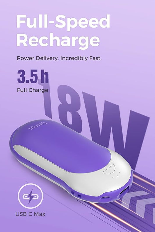 OCOOPA Quick Charge Hand Warmers Rechargeable, 10000 mAh Electric Hand Warmer Power Bank PD, 15hrs Lasting Heat, 3 Levels, Perfect Outdoor Heater for Camping, Hunting, Golf Gifts
