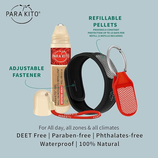 PARA'KITO Mosquito Repellent Bundle - 1 Roll-on | 1 Wristband | 1 Clip (Roll-on + Black + Red)