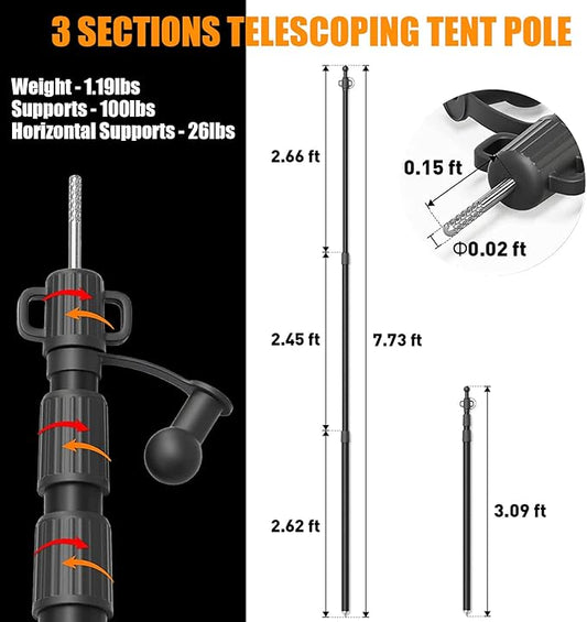 WILDROAD Tarp Poles Tent Poles Canopy Poles 7.7 ft, Telescoping Aluminum Poles with Non-Slip Aluminum Cone Bottom, Portable and Lightweight Camping Gear for Camping and Awnings, Set of 2