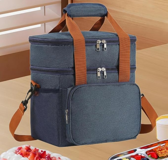 Double Layer Insulated Cooler Lunch Bag – Leakproof Thermal Food Storage Tote with Shoulder Strap – Large Capacity for Work, Travel, or Picnic – Available in Gray, Black & Navy Blue