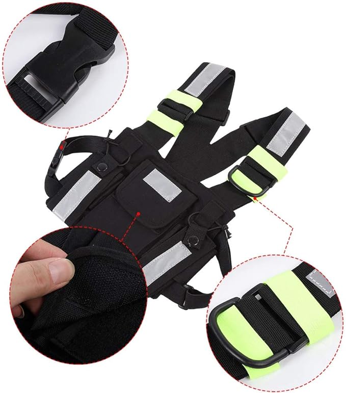 Radio Chest Harness Rig Holster Pack with Front Pouches Zipper Bag and Green Reflective Strips for Walkie Talkies Two Way Radio