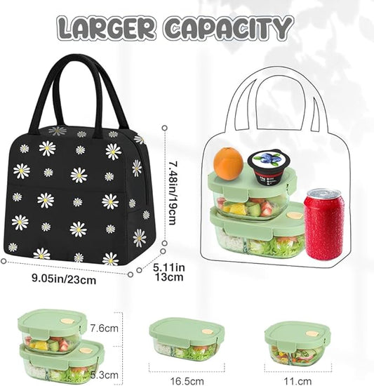 Womens Lunch Tote, Cute Black Daisy Men Lunch Bag Waterproof, Reusable Foil Fabric Cooler Bags Insulated for Work, Picnic, Outdoor