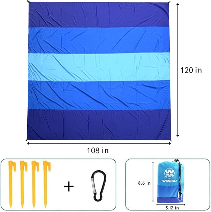 Beach Blanket, Sandproof Beach Mat 120in X 108in for 2-8 Adults Waterproof Quick Drying Outdoor Picnic Mat for Travel, Camping, Hiking
