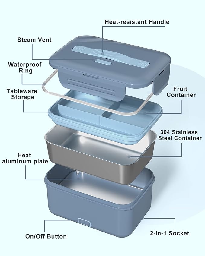 Monteka Electric Lunch Box Food Heater, Upgrade 100W High Power Portable Food Warmer, Heated Lunch Box for Adults Car/Home with 1.8L Removable Stainless Steel Container, 12V/24V/110V/220V, Blue