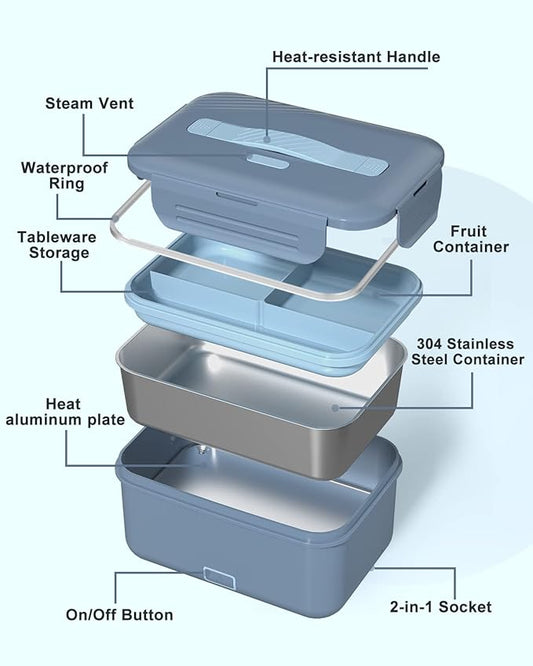 Monteka Electric Lunch Box Food Heater, Upgrade 100W High Power Portable Food Warmer, Heated Lunch Box for Adults Car/Home with 1.8L Removable Stainless Steel Container, 12V/24V/110V/220V, Blue