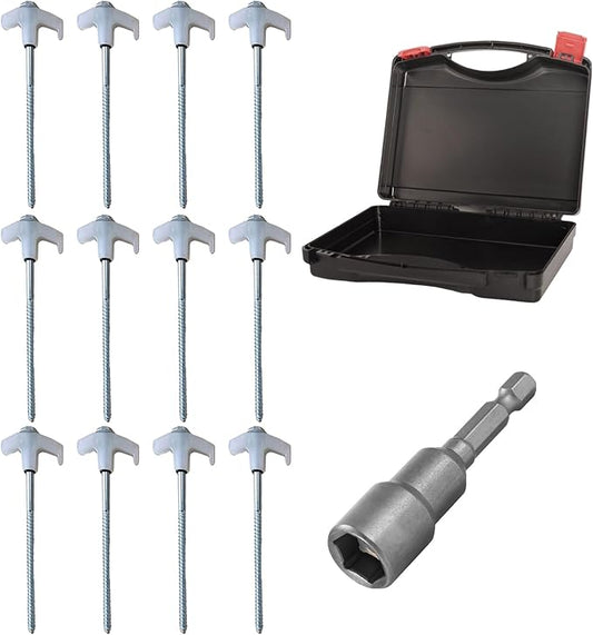 8" Screw in Tent Stakes - Ground Anchors Screw in, Screw in Tent Stakes Heavy Duty, Tent Pegs Camping Stakes, Metal Threaded Tent Spikes, Screw Tent Stakes with Hex Sleeves (12Pcs+Box White)