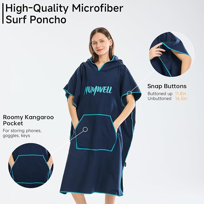 Microfiber Surf Poncho Changing Towel Robe with Changing Mat, Quick Dry Hooded Towel Poncho with Pocket for Beach, Pool, Swim, Wetsuit Changing (Navy)