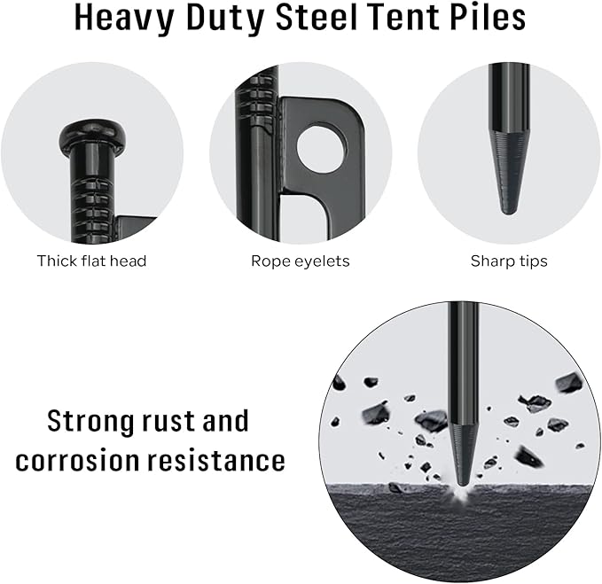 KOMCLUB 10PCS Tent Stakes Heavy Duty Tent Pegs Metal Tent Pegs Canopy Stakes Ground Stakes Spike Steaks for Outdoor Camping Tents Garden Canopies Grassland with Storage Bag and Reflective Guy Lines