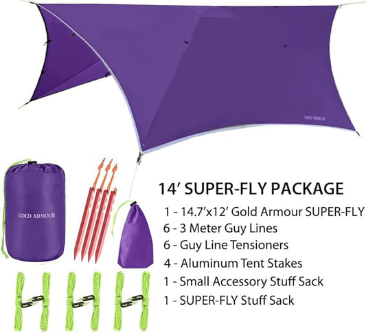 Gold Armour Rainfly Tarp for Hammock and for Tent, Camping Essentials Rain Fly Cover, Waterproof Lightweight Camping Accessories, Survival Camping Gear Camping Tent Accessories (Purple)