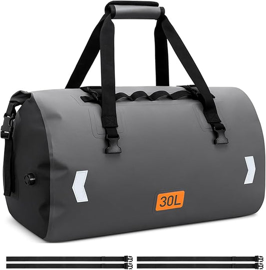 Motorcycle Dry Bag, Waterproof Duffel Bag & Roll-top Dry Duffel Bag, Motorcycle Travel Luggage Bag with Air Valve & Quick-fixed Straps For Rafting, Boating,Kayaking, Travel, Grey, 30L