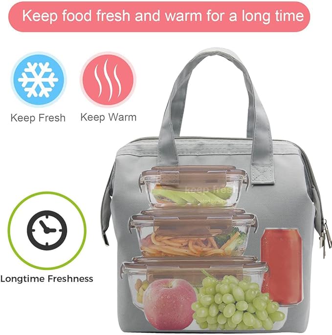 Mziart Insulated Lunch Bag Simple Bento Cooler Bag Lunch Tote Bag for Lunch Box for Women Men Adult Picnic Working Hiking Beach (Grey)