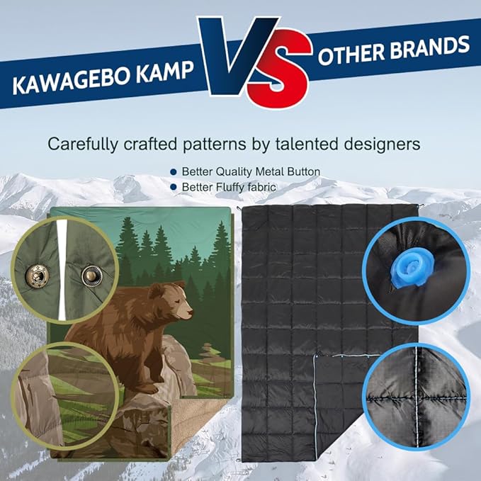 Outdoor Camping Blanket with Sherpa Lining, Extra Warm Thick Camp Blankets & Puffy Ultralight Soft Poncho DWR Camping Quilt for Cold Weather, Adventure,Sleeping,Backpacking 78"x 56"