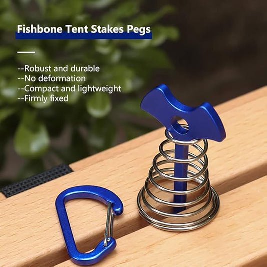 6Pcs Fishbone Deck Anchor Pegs with D Carabiners, Aluminium Deck Tent Stakes with Spring Buckle Aluminium Deck Windproof Tent Stakes for Outdoor Camping Hiking