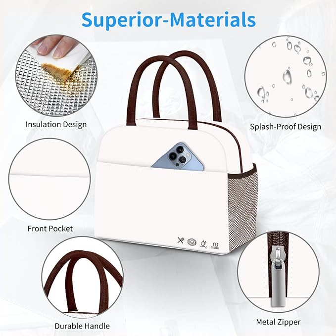 Lunch Bag Lunch Box for Women Men Reusable Insulated Lunch Tote Bag, Handbags Case High Capacity for Travel Work Picnic,white