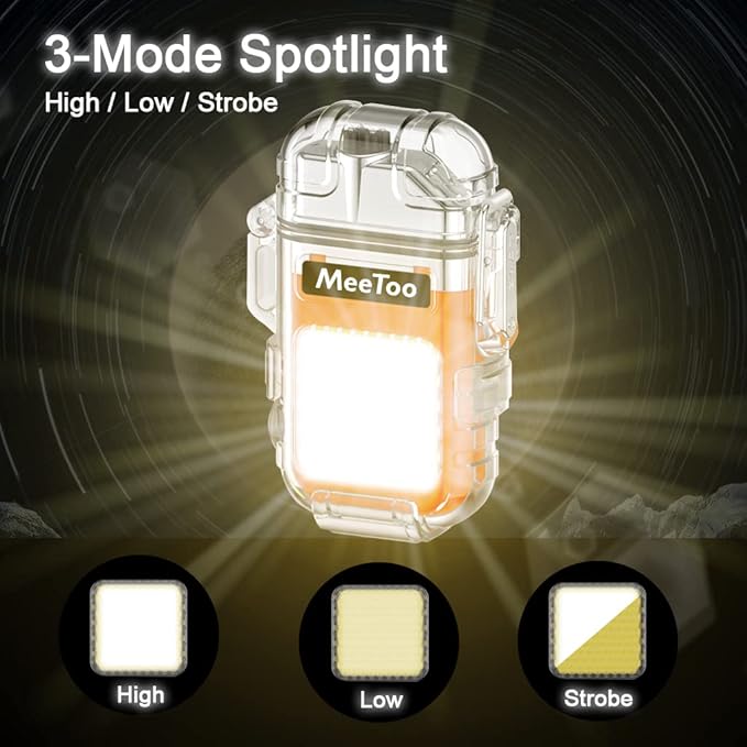 MeeToo Electric Lighter Rechargeable Lighter Waterproof Plasma Dual Lighters 3 Modes of Flashlight Type-C with Survival Emergency Whistle and Lanyard for Candle Camping Outdoor (Orange)