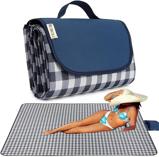 RUIBOLU Beach Blanket Large Picnic Blankets, Sandproof Beach Mat for 2-4 Adults Waterproof Quick Drying Outdoor Picnic Mat for Travel Camping Hiking Festival Park Lawn (Dark Blue Plaids)