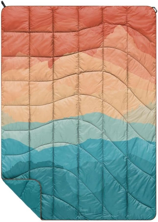 Rumpl The NanoLoft Puffy Blanket | Indoor Outdoor Camping Blanket for Traveling, Picnics, Beach Trips, Concerts | 38" x 52" | Rocky Mountain Sunset Fade, Travel
