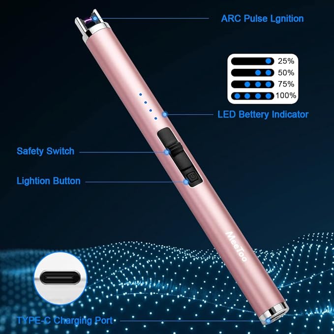 MeeToo Candle Lighter Electric Lighter Rechargeable USB Type-C Lighters for Candle BBQ Camping Fireworks (Rose Gold)