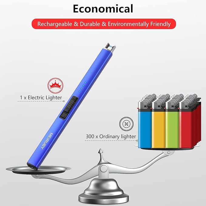 MEIRUBY Lighter Electric Candle Lighter Long Electronic Rechargeable USB Lighter Arc Windproof Flameless Lighters for Candle Camping BBQ Birthday Women's Day Gifts for Women Mom Wife Men, Blue