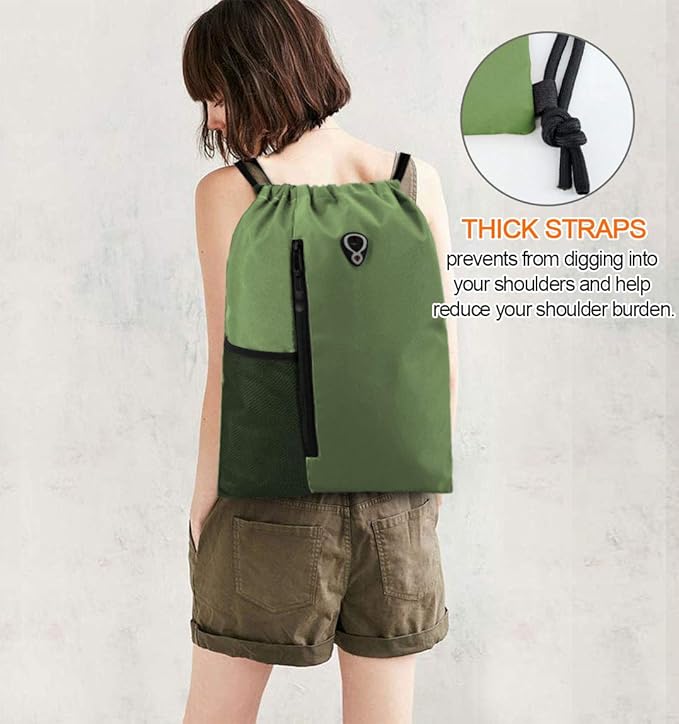 Drawstring Backpack Sports Gym Bag for Women Men Large Size With Two Zipper Pockets and Water Bottle Mesh Pockets
