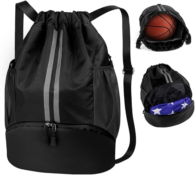 Drawstring Backpack, Waterproof Sports Backpack, Large Sports Gym Bag With Shoe Compartment and Water Bottle Mesh Pockets, for Sports Beach Holidays Swimming Travel (Black)
