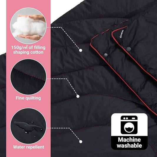 KingCamp Lightweight Camping Blanket - Stylish & Multifunctional Quilt with Snap Button, Portable for Travel, Airplane, Indoor & Outdoor - Provides Warmth - Black