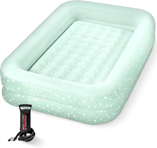 Intex Kids Travel Air Mattress Inflatable Bed with Raised Sides and Hand Pump - Portable Blow-Up Toddler Traveler Bed for Children's Naps or Sleep