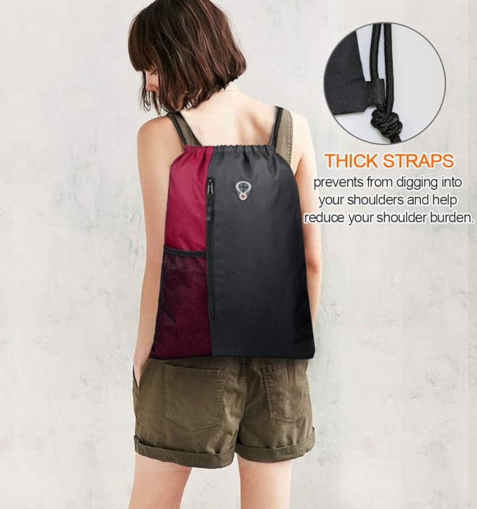Drawstring Backpack Sports Gym Bag for Women Men Large Size With Two Zipper Pockets and Water Bottle Mesh Pockets