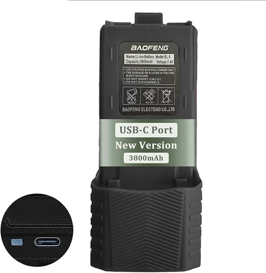 BAOFENG UV-5R Radio Battery Extended 3800mAh USB-C Charging Blue Replacement for BF-F8HP New Version for BF-F8 Rechargeable BL-5 Ham Radio Battery