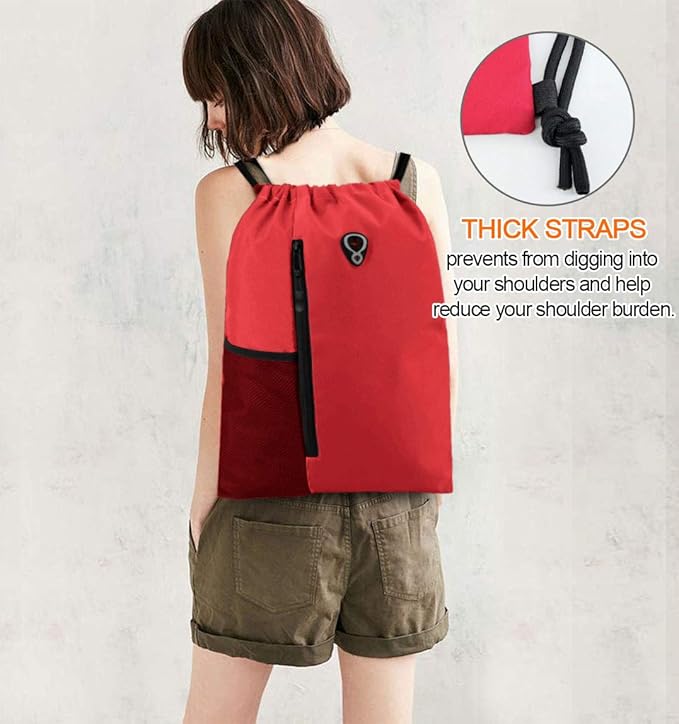 Drawstring Backpack Sports Gym Bag for Women Men Large Size With Two Zipper Pockets and Water Bottle Mesh Pockets