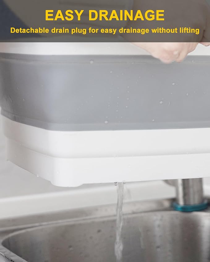 Collapsible Wash Basin with Drain Plug 9L (2.4Gal), Dishpan for Washing Dishes Basin,Collapsible Dish Tub Portable Sink for Kitchen Sink, Camping RV Washing Tub(Gray)