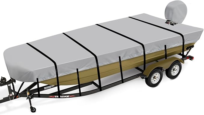 Jon Boat Cover 18ft, 900D Heavy Duty Trailerable Waterproof Jon Boat Cover 18 Foot with Motor Cover, Marine Grade Canvas,Gray