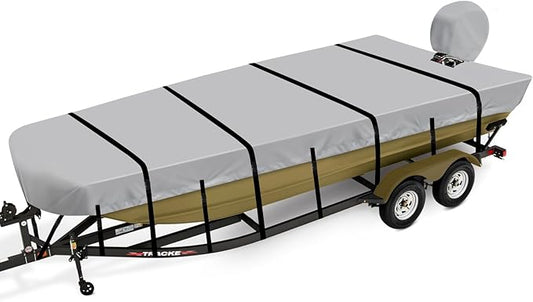 Jon Boat Cover 18ft, 900D Heavy Duty Trailerable Waterproof Jon Boat Cover 18 Foot with Motor Cover, Marine Grade Canvas,Gray