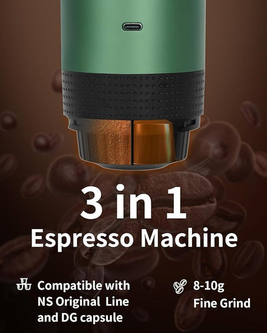 Portable Electric Espresso Machine, Travel Coffee Maker for Camping, Car, RV & Hiking, Self-Heating with Type-C, Compatible with Ground Coffee & NS Capsules, Green